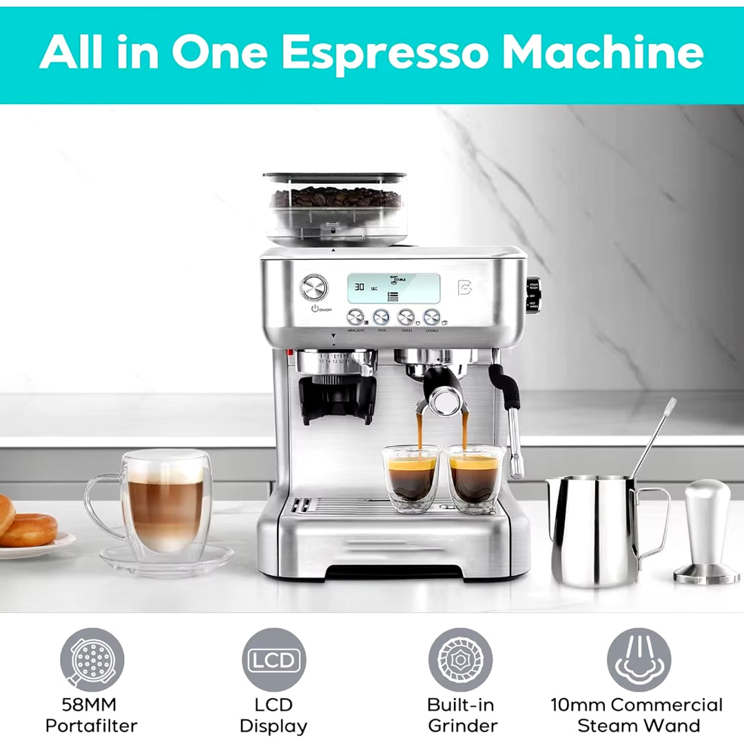 Barista-Grade Espresso Machine with Built-In Coffee Grinder